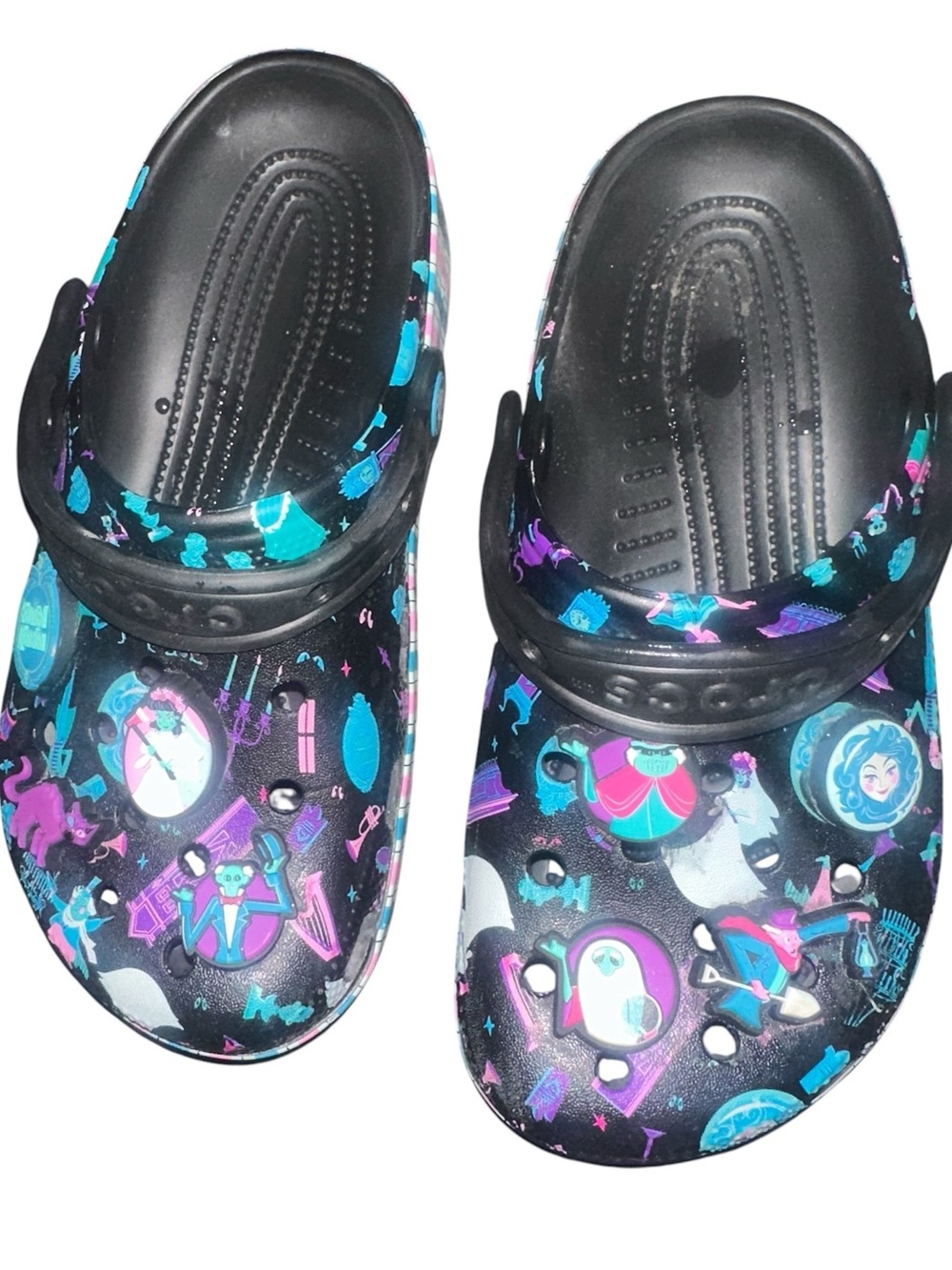 Crocs Haunted Mansion Classic Clog - Black with Purple & Teal sz 6